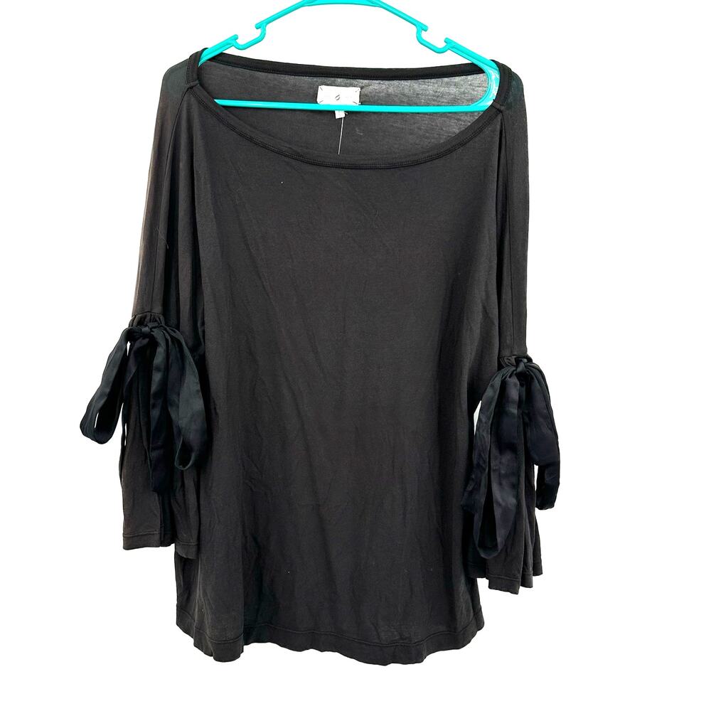 Lou & Gray Size Large Blouse Black Long Bell Sleeve Bow Tie Round Neck NWT - Picture 1 of 6